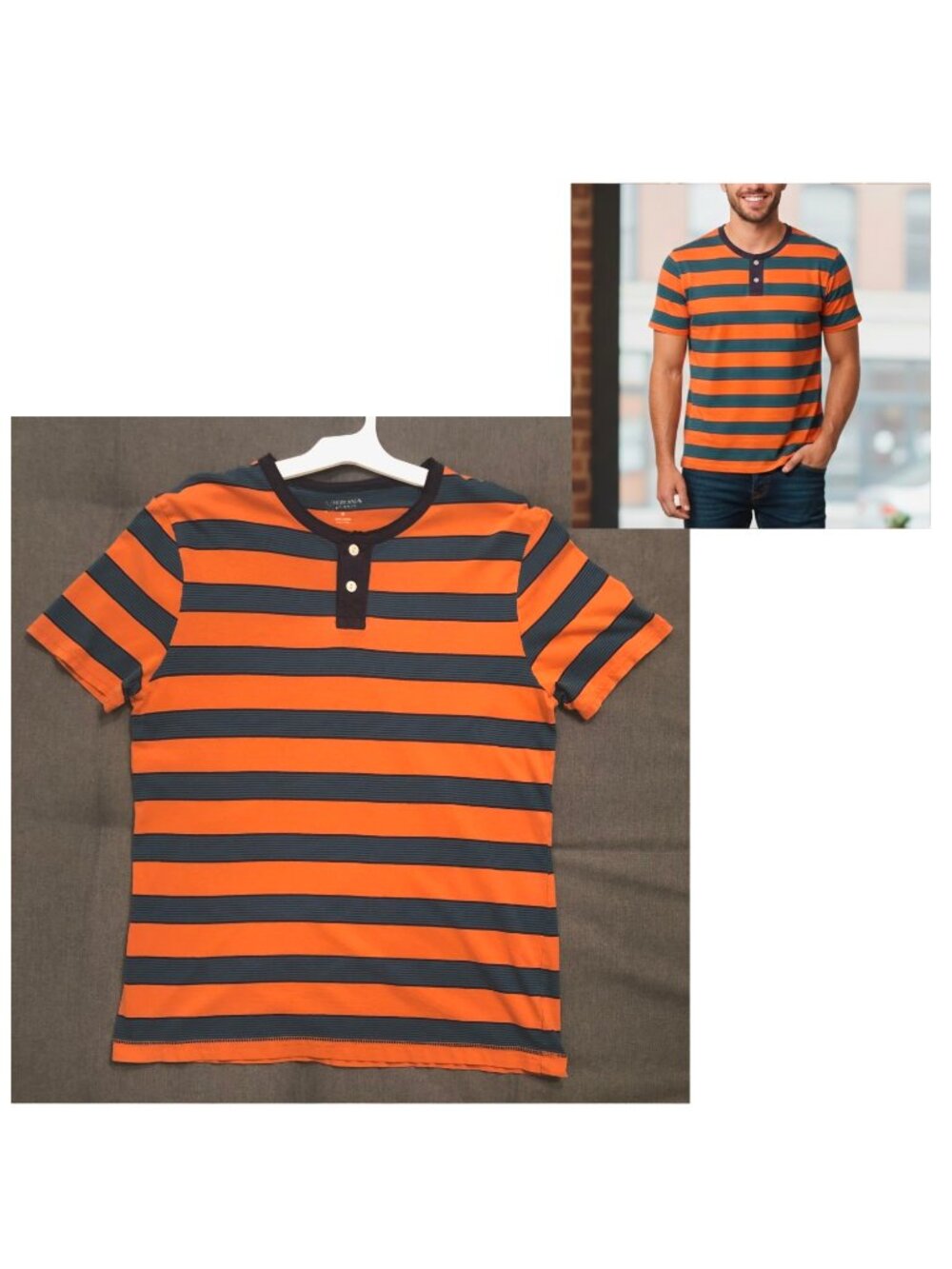 Arizona Men's - Orange & Teal Stripes - 100% Cotton - Size M - Buttoned T-Shirt